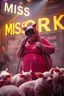 Placeholder: a very fat swedish girl, with skimask with called "Fröken Fläsk" performing at dance club, her name is "Fröken Fläsk" piglets On stage, yellow Neon lights and smog, and "FRÖKEN FLÄSK" big sign on the wall, she singing with mic