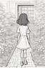 Placeholder: A little girl exploring a garden filled with square-shaped flowers and bushes. Incorporate squares for flower petals, windows, and garden pathways.,very happy , Colloring page for todlliers ; basic hawali style cartoon , black and white , ink outlines , , smooth , anime style , minimalist , cute eyes , full body , white shose , sketchbook , realistic sketch , free lines , on paper , character sheet , clean line art high detailed