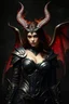 Placeholder: enchanting succubus, armor, dark background with illuminated smoke, black leather and metal