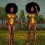 Placeholder: Biologically Female African American Twins, black skin, tall and slender, long afro kinky hair,big brown eyes, long eyelashes warrior wear. Big butts. Gold accents on clothing. Surround by trees. Holding golden spears. Starry night