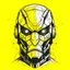 Placeholder: monotone robot face, sci fi, low details, polygonal, black ink, yellow plain background