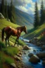 Placeholder: walking in mountains by stream, horse that looks like caterpillar, prize winning oil painting,book cover illustration