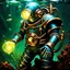 Placeholder: 90's tcg art crystal steampunk ghost diver with glowing armor and huge pauldrons fantasy glowing helmet underwater