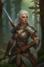 Placeholder: A half-elf woman with white hair is an adventurer from Baldur's Gate with a sword on her back and dressed in leather armor in an ancient forest.portrait as in the game Baldurs gate