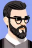 Placeholder: 8bit profile photo of a white man with a black beard, black hair and black glasses. Fit character. Small beard.