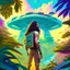 Placeholder: A high tech solarpunk utopia in the Amazon rainforest. Technology and nature mixed together, a long haired guy using flip flops at the center posing from the back on the image looking at colorful sky, cinematic. 3d render, science fiction, retro cover, high details, intricate details, by vincent di fate, artgerm julie bell beeple, 60s, inking, vintage 60s print, screen print.