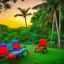 Placeholder: sunset in a tropical jungle with lawn chairs, blue red and yellow