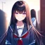 Placeholder: Clear focus,High resolution, Black long straight hair, Long bangs, and purple eyes, Looking down on you, wearing a sailor uniform that is black and red, Detailed hair,Bloody, Smiling, Blurry eyes, Undetailed eyes