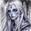 Placeholder: dnd, fantasy, watercolour, large strokes, stylistic, portrait, illustration, dull colours, woman, dark elf, drow, face, narrow long face, cruel face, cold demeanor, purple eyes, piercing eyes, vicious expression, white hair, very long hair streaming down the shoulders, lush hair, elegant, short small mouth, cruel smile