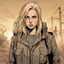 Placeholder: Portrait, brunette character with blond hair, t-shirt comic book illustration looking straight ahead, post apocalypse