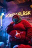 Placeholder: a very fat swedish girl, with skimask with called "Fröken Fläsk" performing at dance club, her name is "Fröken Fläsk" piglets On stage, yellow Neon lights and smog, and "FRÖKEN FLÄSK" big sign on the wall, she singing with mic, text in swedish! no translate mr. stable ai