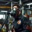 Placeholder: en skäggig motorcykelklubbs kille som försöker sjunga med en gasmask i en fabrik, livsfarliga kemikalier som lut och syra, varningsymboler, gasmasker, dom kallar honom för babyface för att ser så barnslig ut