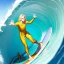 Placeholder: blonde hair anime boy surfing under a wave, make hands look realistic, standing up on a surfboard,wearing an orange wetsuit, make feet look realistic, standing on a surfboard, waves crashing all around him, make face look realistic, both feet on the surfbaord, hands outstretched on either side of his body