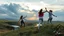 Placeholder: a group of young ladies in sports pants and blouse are dancing in high grassy hills,a small fall and river and flowers at river sides,cloudy sun set sky