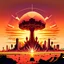 Placeholder: morning sunrise mushroom nuclear bomb exploding in vampire futuristic city with skyscrapers in the desert cartoon