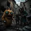 Placeholder: Close-up of ultra realistic odd monsters in a ruined city, after a war, vivid, ultra realistic, Hieronymus Bosch, hypermaximalist figures, light, Italian 1970's odd movie, hilarious, fine art, Minicavio Quollati style, photography by Marlost Endgulp, dark atmosphere, obsessive, 4k, sharp focus, 3d, photorealism