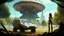 Placeholder: A skinny 50-year-old woman standing, hands on hips, in brown shorts, a shirt, and boots, standing next to a large, sleek cargo spaceship, sitting in a clearing, in a derelict alien city with trees and fungi in clumps.