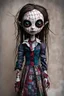 Placeholder: full color, illustration of a dark menacing Scottish vampire girl, tall and willowy , as a decayed, broken, crude homemade patchwork cloth doll toy, with a cracked porcelain face, thick dark eyebrows, hair made from ragged strips of cloth, art in the style of Alex Pardee and Tim Burton