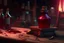 Placeholder: dark fantasy small red healing potion phial sitting on work bench, concept art, war torn background, close up , action scene, fantasy art, 8k , cinematic