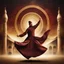 Placeholder: Hyper Realistic Sufi Whirling with Golden, Maroon & Brown Islamic Sufi Rustic Grungy Background with Islamic Architecture at night with Whirling wind