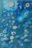 Placeholder: paper patchwork, Iridescent blue, daisy flowers, fairy's, sprites, trees, flowers, blue background