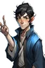 Placeholder: a young half elf man sea sorcerer black hair, small pointy ears and blue eyes. Pointing one finger