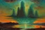 Placeholder: turquoise sky, lake, sci-fi, mountains, galactic cosmic influence, friedrich eckenfelder and hans am ende impressionism paintings