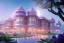 Placeholder: a magical crystal flower lys bougainvillier, blue gold house indian palace castle in the woods, , concept art, smooth, sharp focus, illustration, 8k, splash art, wallpaper, key visual