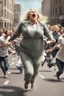 Placeholder: an obese terrified blonde woman crying and sobbing in a pant suit desperately running away from an angry mob of thousands of kids chase her down a city street throwing books at her