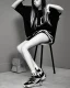 Placeholder: Billie Eilish, sitting on a chair, Black Short Dress, high detail, realistic