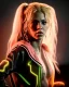 Placeholder: portrait, Shakira, blonde artist, angry, Realistic image, MMA robe, hoodie, mouthguard, nose, band aid, loose long hair, eyes make up, line gold make up, glow, circle iris. Rain, fog, Neon colors, leds. Dark background, photo studio, concept art, smooth, unreal engine 5, god lights, ray tracing, RTX, lumen lighting, ultra detail, volumetric lighting, 3d, finely drawn, high definition, 4k.