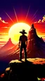 Placeholder: A lone man wearing a wide-brimmed hat stands on a cliff, watching a vivid sunset where the glowing orange sun descends between two towering mountains. The scene is depicted in the iconic Dragon Ball Z art style, with dramatic shading, vibrant colors, and dynamic energy. The sky is a brilliant gradient of oranges, reds, and purples, with rays of sunlight piercing through scattered clouds. The man's silhouette is detailed with strong lines and muscular form, evoking the power and intensity typical