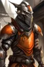 Placeholder: Teenage silver pale dragonborn wearing leather armor and battered helmet with transparent orange visor in the slums