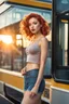 Placeholder: An image of a Teenage female, full body, looking at camera, at sunset, wearing tight tank top, 3D effect, on a bus stop, glossy wavy red hair, hyperrealistic, full lips, lip gloss, soft natural light, thick lines