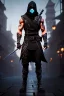 Placeholder: muscular ninja assassin, athletic build, wearing black and gray baggy pants with pockets, black hood and black balaclava mask, buckles, straps, pockets, daggers around arms, tan skin, big boots, dark hazel eyes, eyes are both in proportion, 3/4 look, standing, dark cobblestone alley, one halo candle light behind head, intense, non photorealistic rendering in the art style of j.scott campbell