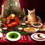 Placeholder: Cats and children eating Christmas dinner with alien lion and floating ball, and exquisitely decorated turkey and HR giger alien