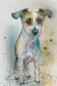 Placeholder: Abstract wet watercolour of a rough coated jack Russell, ink lines, interlinked circles, detailed,focus on eyes, watercolour paper
