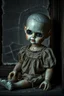 Placeholder: ooking at the camera a high realistic porcelain doll, old, dirty with old dress, sitting on shelf, in background blur cracked window. The figure has cracked face and head, and piercing big black eyes. High contrast, cinematic, thriller, dark, atmospheric. Surreal style , perfect composition, sharp focus, intricate details, crepy stunning