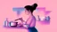 Placeholder: a watercolor painting of a woman cooking a tv show, hair up tied, and a gradient background in shades of pink or blue.