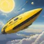 Placeholder: [art by Moebius] A yellow spaceship with two large engines on the sides is flying through clouds. It has an oval shape and looks like it could be from Star Wars or Blade Runner. It's leaving behind a long trail of light as its engine fires off on one side. A planet can be seen far away above the ship. Photorealistic in the style of concept art.