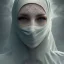 Placeholder: clouds of fog as woman's face, dissolving, disintegrating, wearing burka, fine detail, highly intricate, modern surrealism painting, high-quality, volumetric lighting, 8k, ultrahd, George Grie, Marco Escobedo, Igor Morski,Brian Froud, Howard Lyon, Selina French,