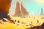 Placeholder: Sunny day, people, rocks, sand, distant modern city