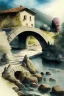 Placeholder: Classic picture of a stone bridge in Italian village watercolours