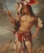 Placeholder: Guaicaipuro, native american god, 30 years old, Muscular warrior, red feathers headdress, shirtless, angry look, holding a stone tip spear