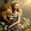 Placeholder: Young beautiful girl nest to a majestic, stunning lion on nature forest path, floral crown on girl, Chronicles of Narnia, 8k resolution, high-quality, fine-detail, iridescent, intricate, digital art, detailed matte, volumetric lighting, beautiful, illustration, 3D octane render, brian froud, howard lyon, selina french, anna dittmann, annie stokes, lisa parker, greg rutowski,