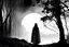 Placeholder: scene, horizontal black and white, forest fog, superbig full moon, moon is a center of image, tim burton character, woman wiht cape and hood, woman stand up on spiral rock, face woman sad, super big eyes, circles eyes