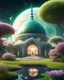 Placeholder: cosmic future mosque in space, small lake, particle, very pretty shrubs++, well-cut green grass and small flowers of all colors, small dome-shaped house