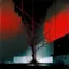 Placeholder: Minimal abstract oil painting of a tree in concrete warehouse brutalist architecture and hanging wires illuminated at night. With red triadic colours. In the style of Justin Mortimer and Phil Hale, Ashley Wood