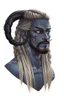 Placeholder: A tieffelin with blue skin and white Dreadlock hair. His pupil-less eyes are green. He wears a small beard.