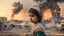 Placeholder: close young palestinian girl with a kuffeah. Large clouds of smoke rise from the land of gaza . With demolished buildings in the background. with sunset colors Made in the palestinian style